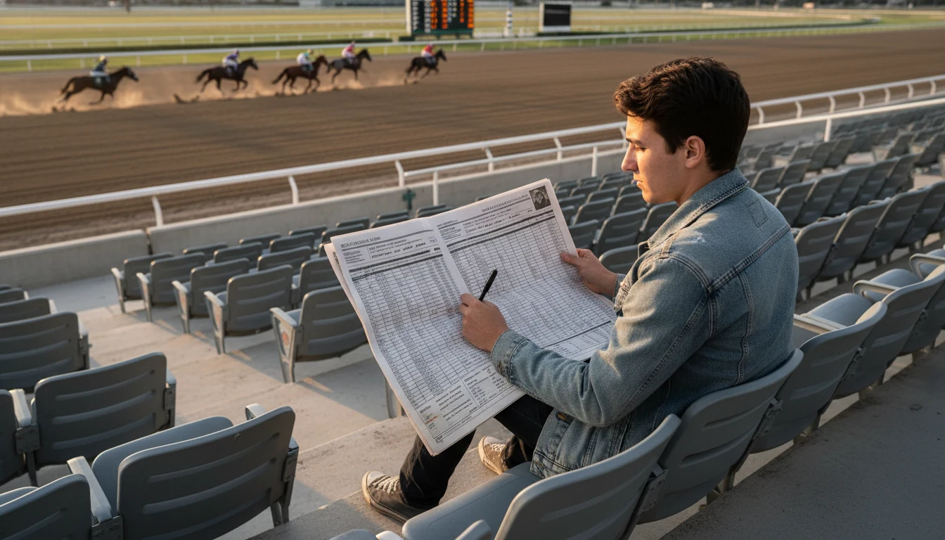 New bettor studying racing form at racetrack