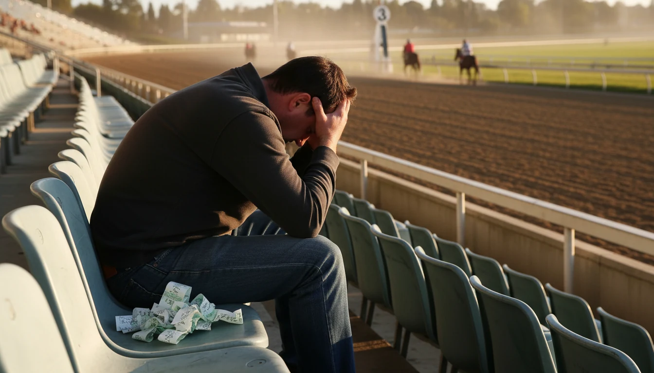 Frustrated bettor with discarded tickets at racetrack