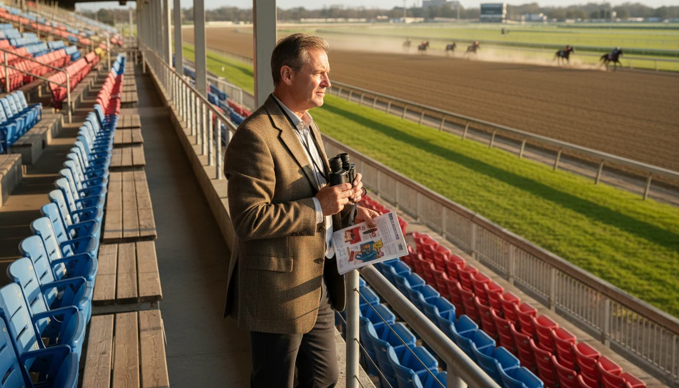 Bettor at racetrack grandstand reviewing options