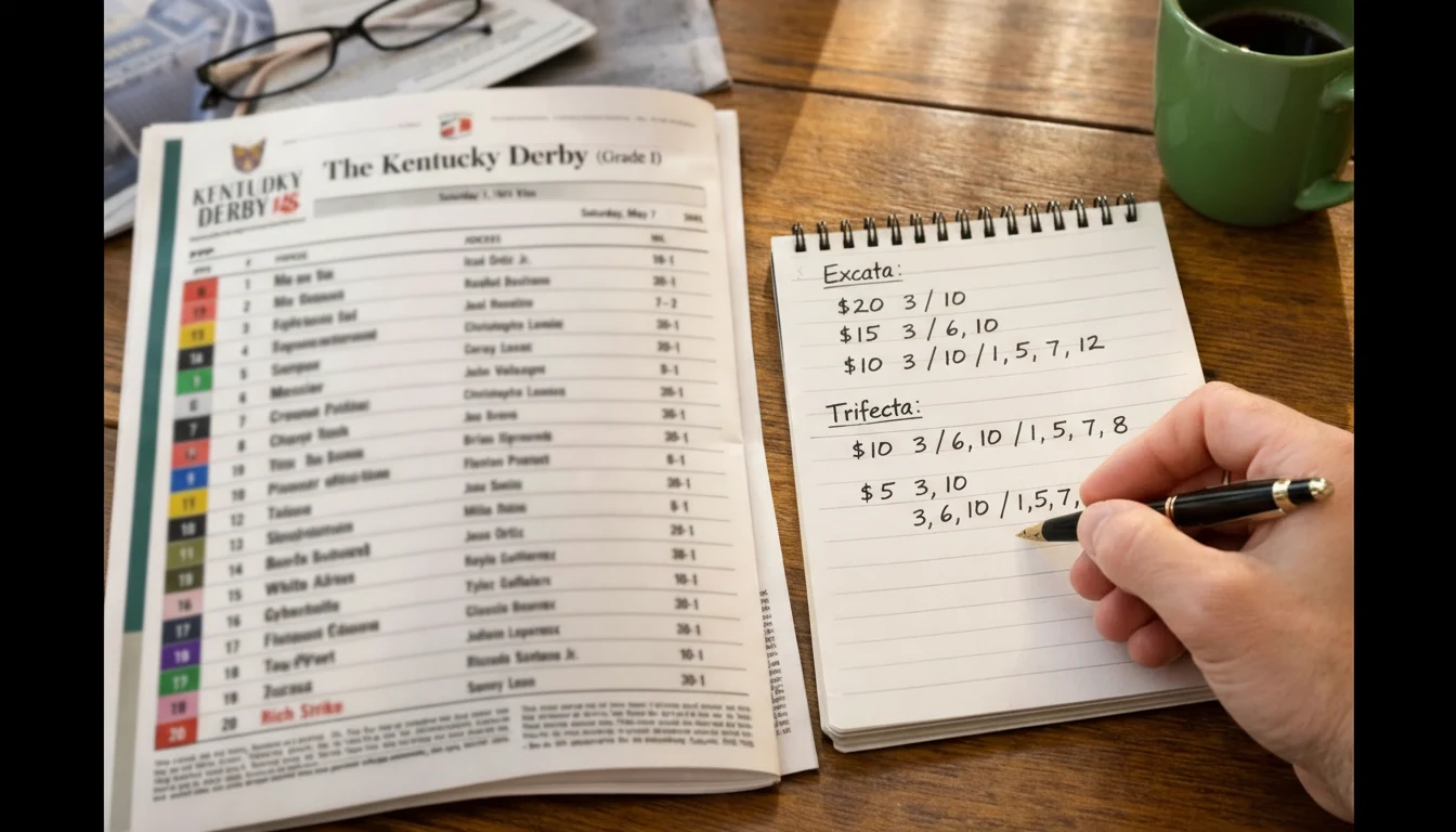 Person planning Kentucky Derby bets with racing form