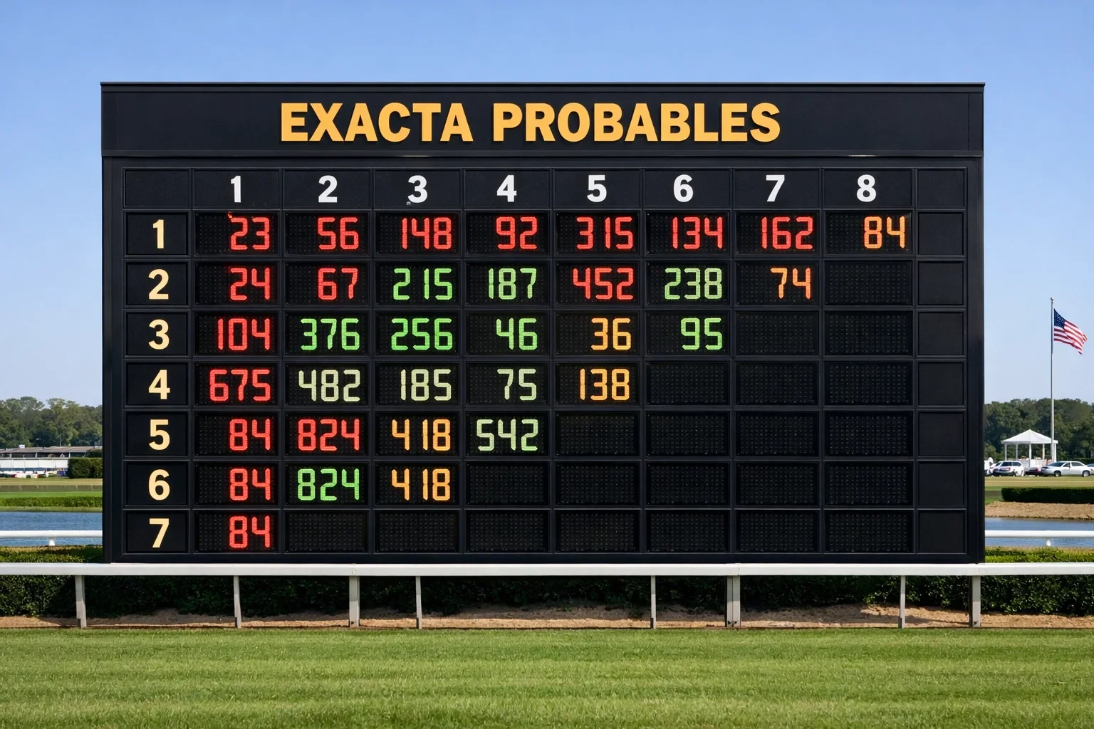Tote board showing exacta pool payouts
