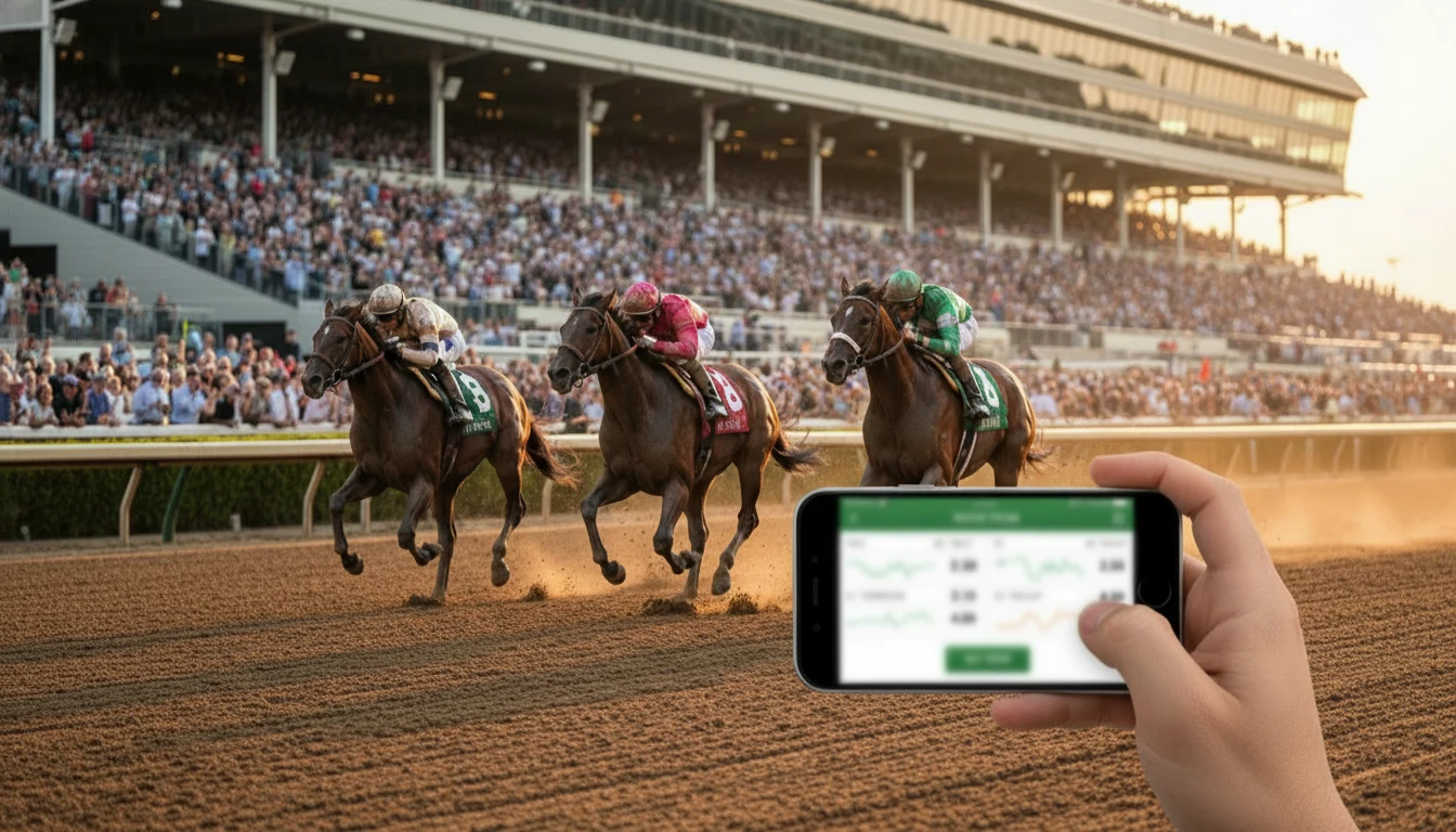 Horse racing track with mobile phone showing betting app