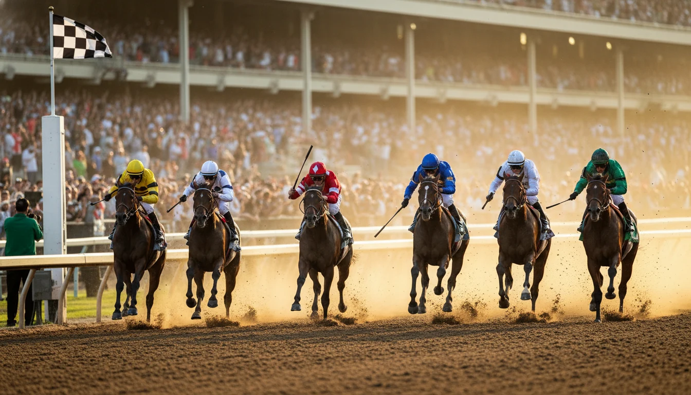 Exciting horse race with multiple horses crossing finish line