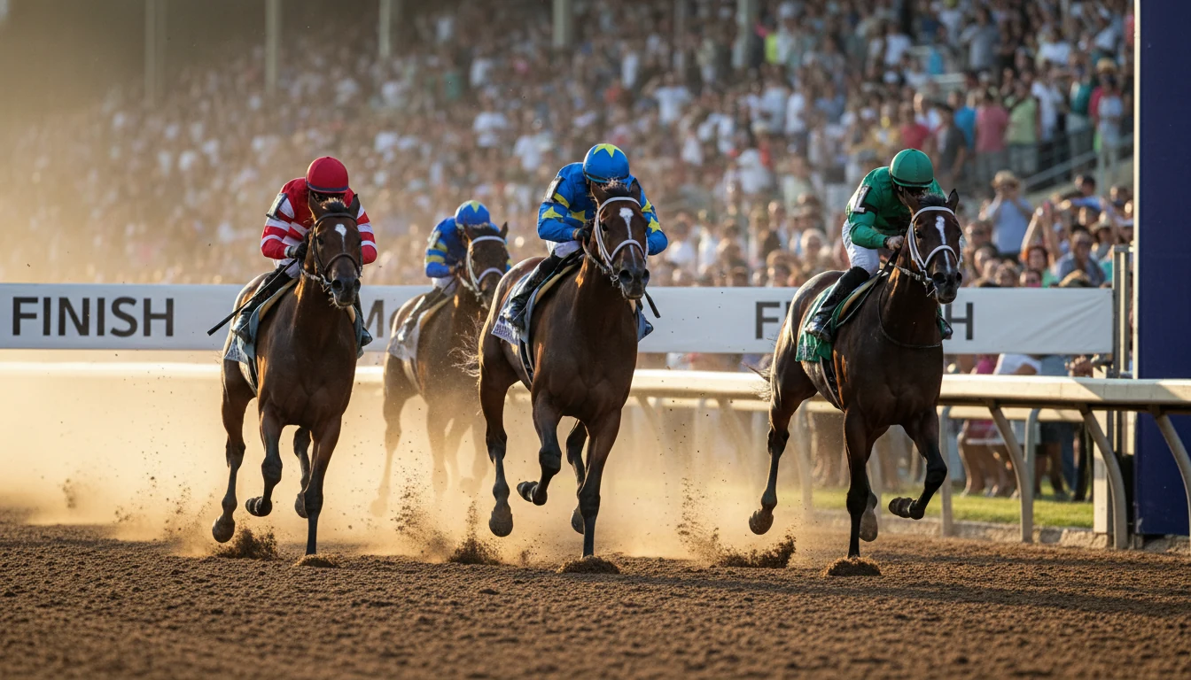 Horse racing finish line with jockeys competing