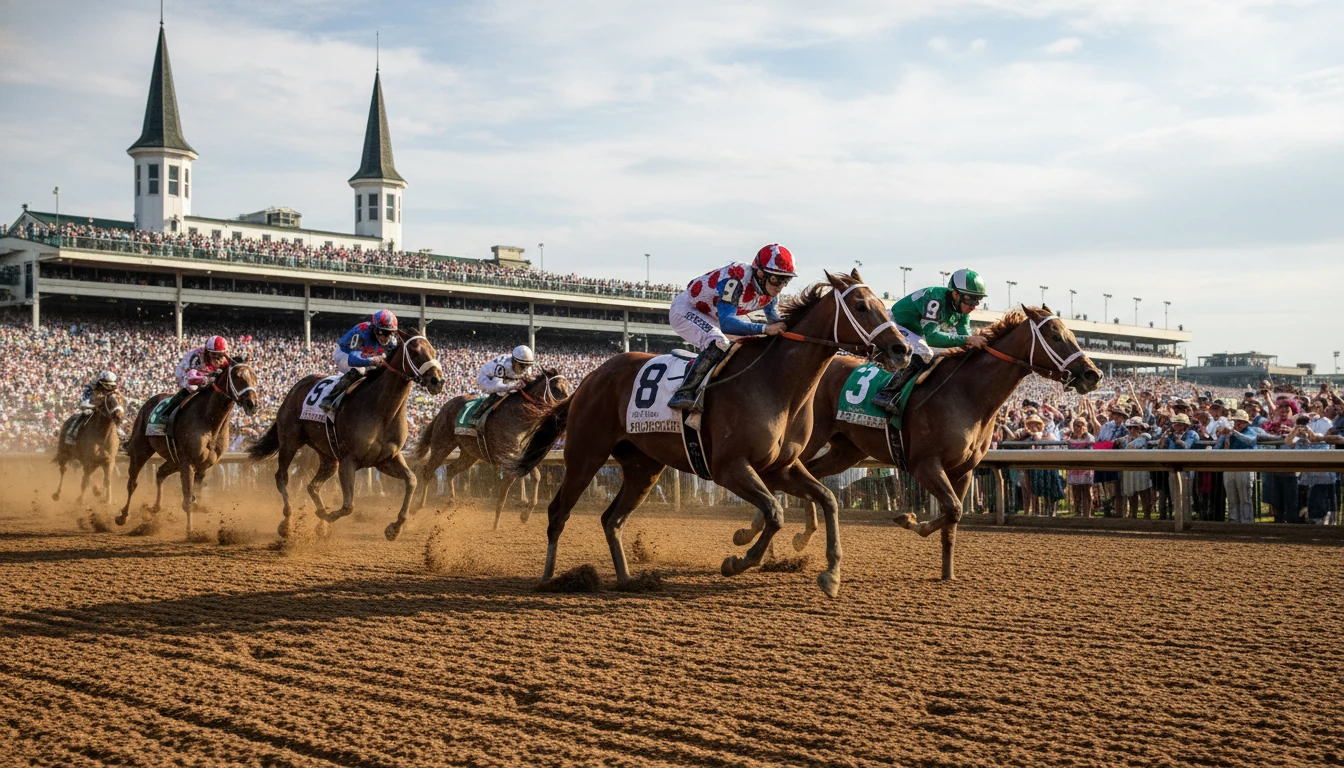 Kentucky Derby horses racing past Churchill Downs twin spires