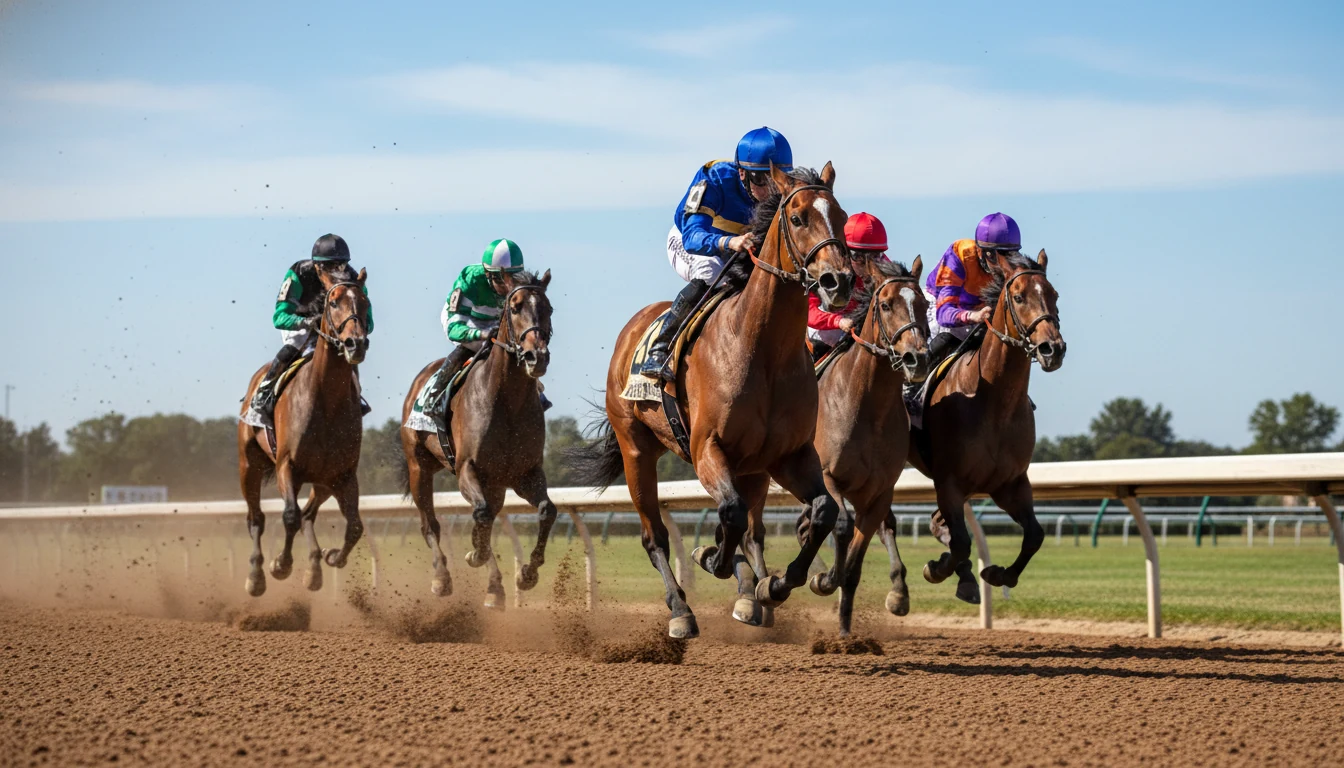 Thoroughbred horses racing on dirt track