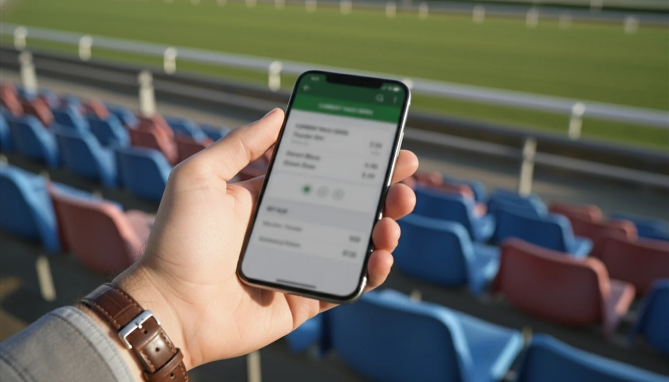 Hand holding smartphone with horse racing app at racetrack