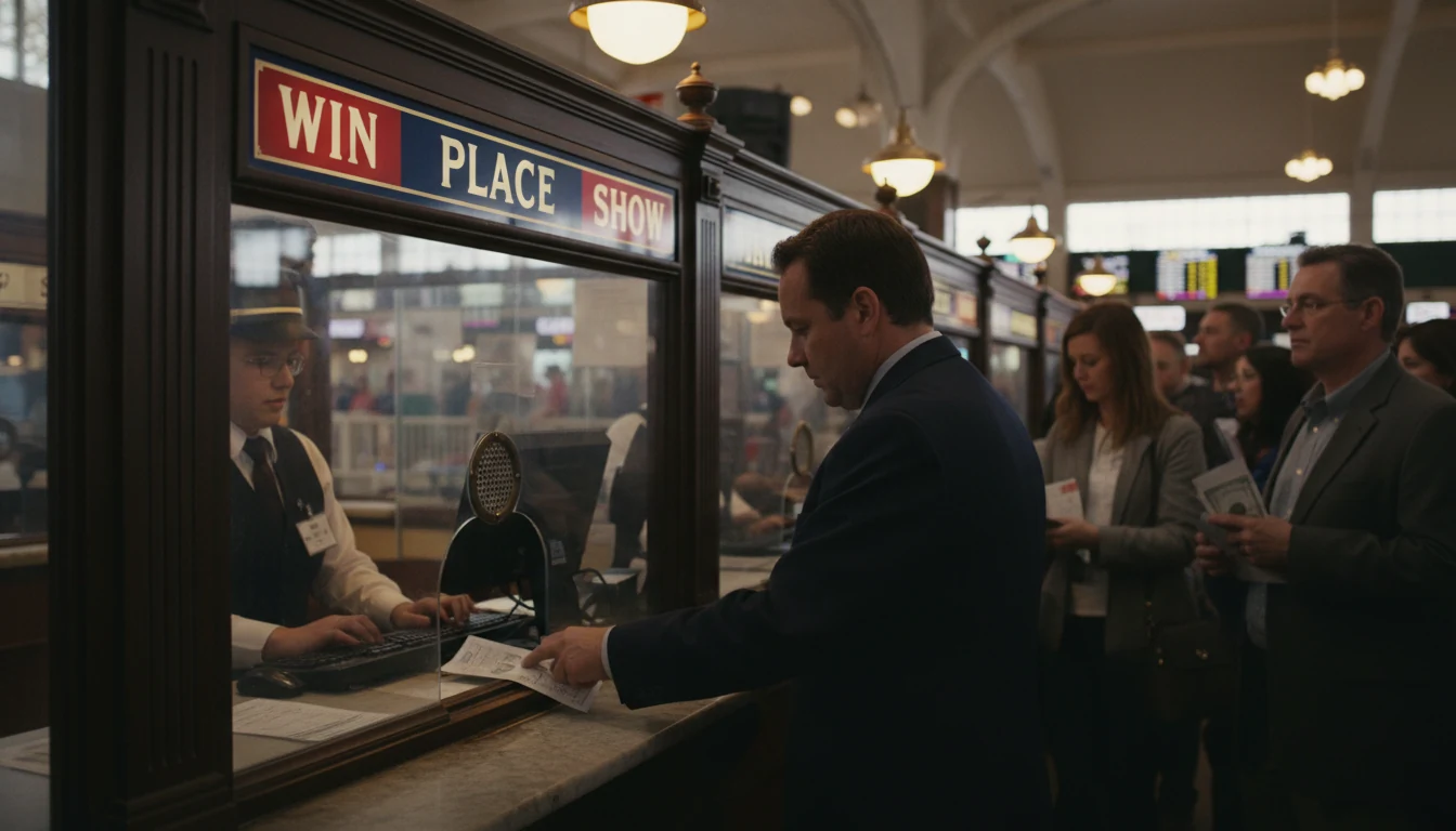 Betting window at horse racing track with bettors