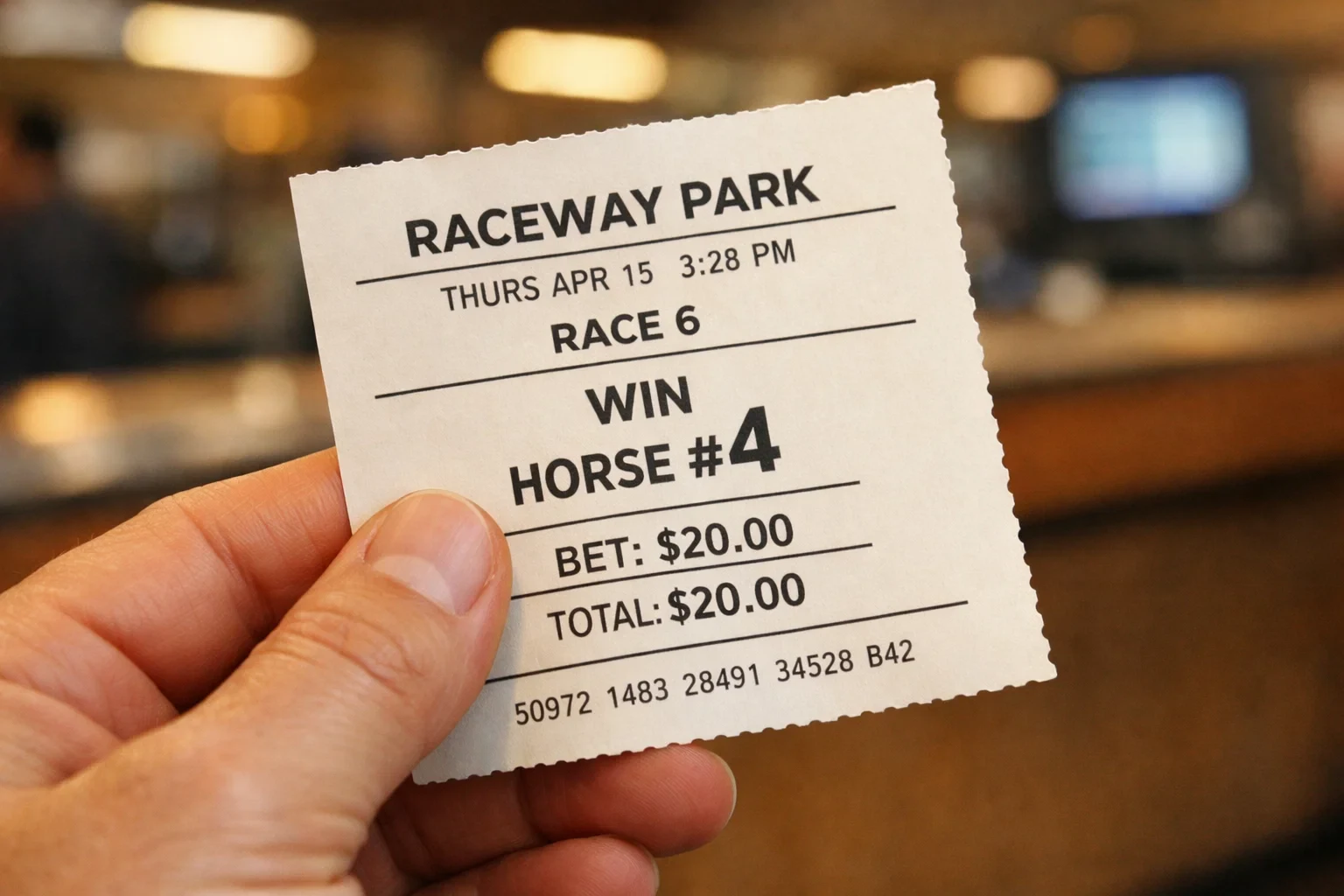 Hand holding betting ticket at racetrack window