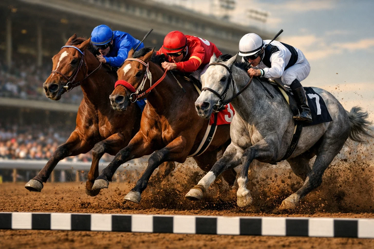 Three horses crossing finish line in close race