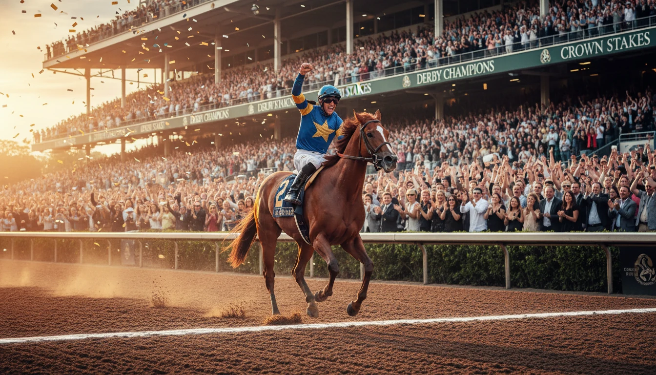 Horse crossing finish line at prestigious stakes race