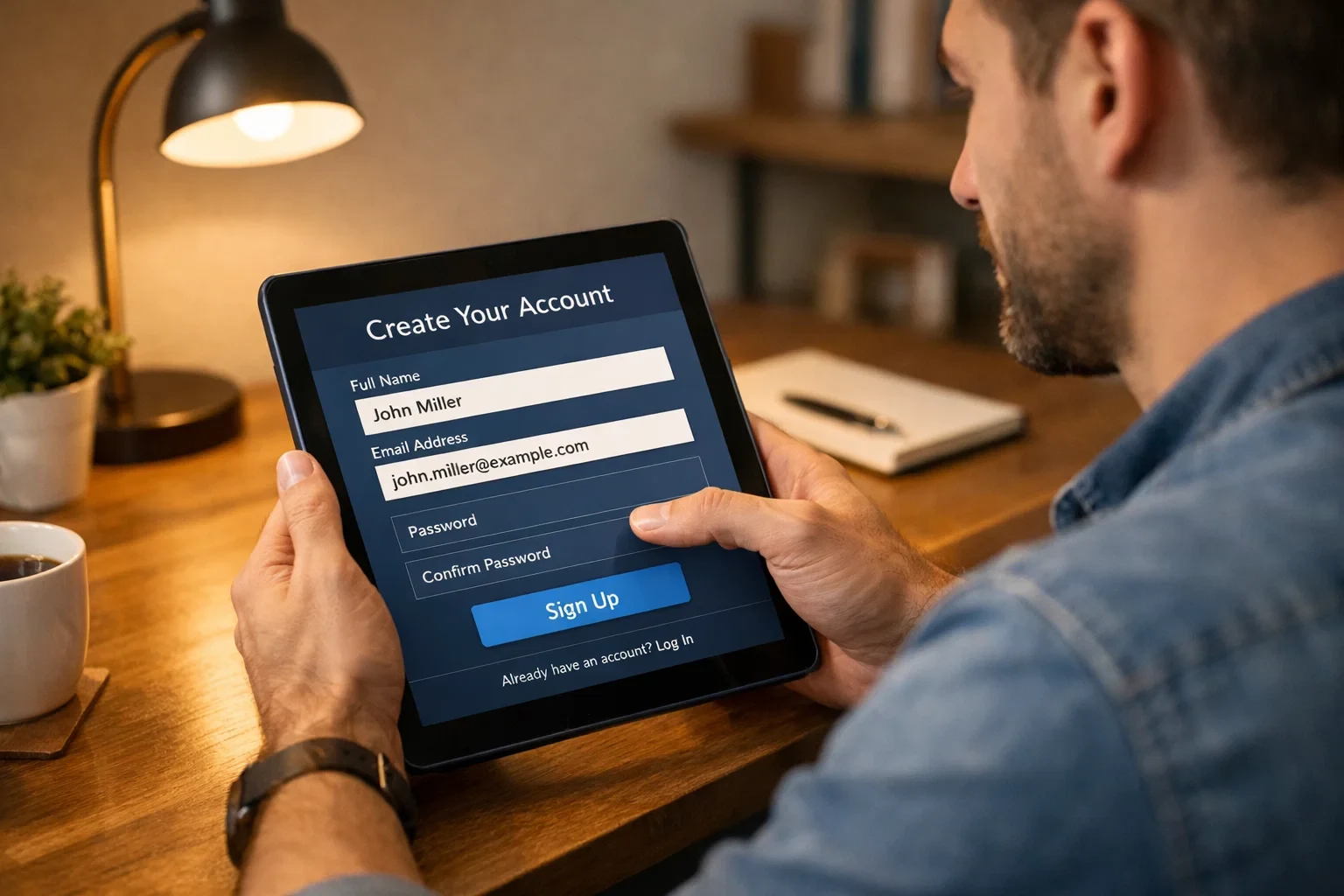 Person completing online registration form on tablet